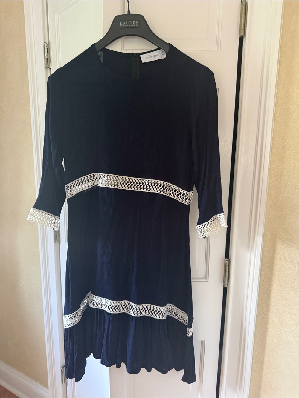 Navy Long-Sleeve Dress with White Lace Trim - Unbranded